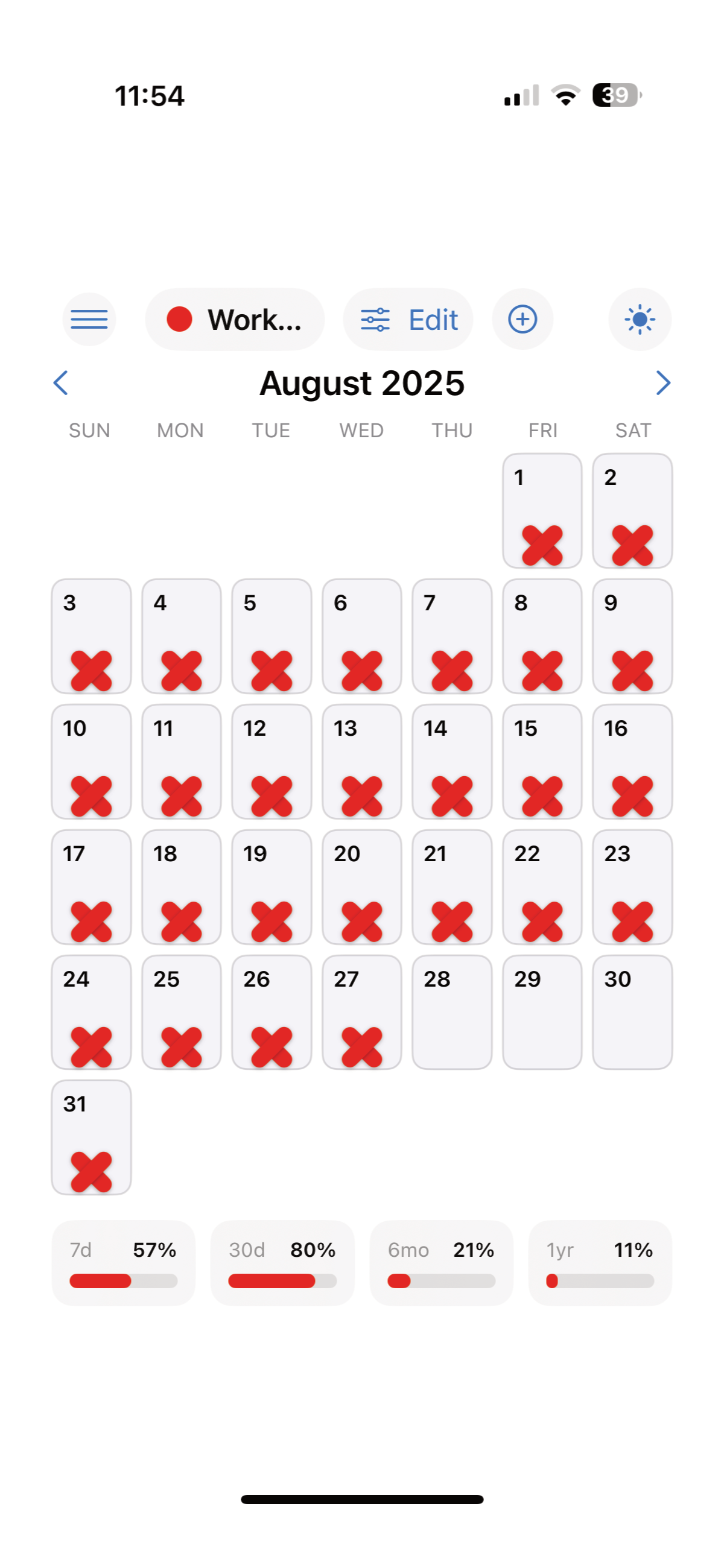Calendar view with daily X marks